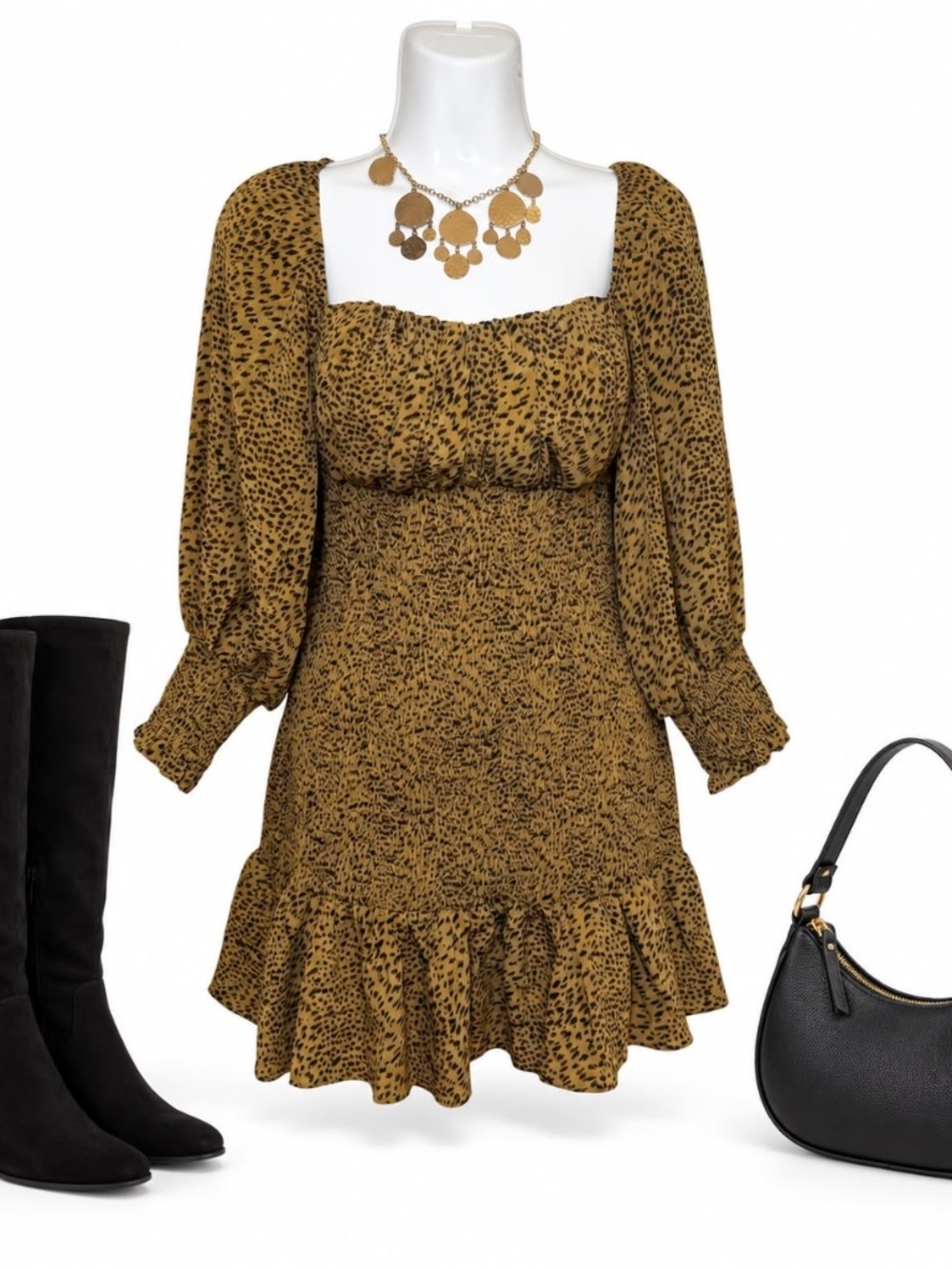 Elliatt Mustard Animal-Print Smocked Balloon Sleeve Mini Dress XS